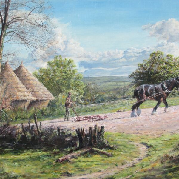 ‘Harrowing in Spring’- Talley, Carmarthenshire - Small (10" x 8" sheet) Framed Open Edition Print £30.00 +(p&p) A man and horse at work harrowing a field, with ricks, hills and sky beyond.