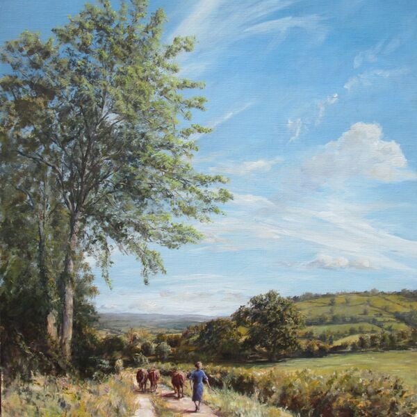 "On Talley Road" - Talley, Carmarthenshire. £723 (p+p) Painting of farmer walking cattle down a country road