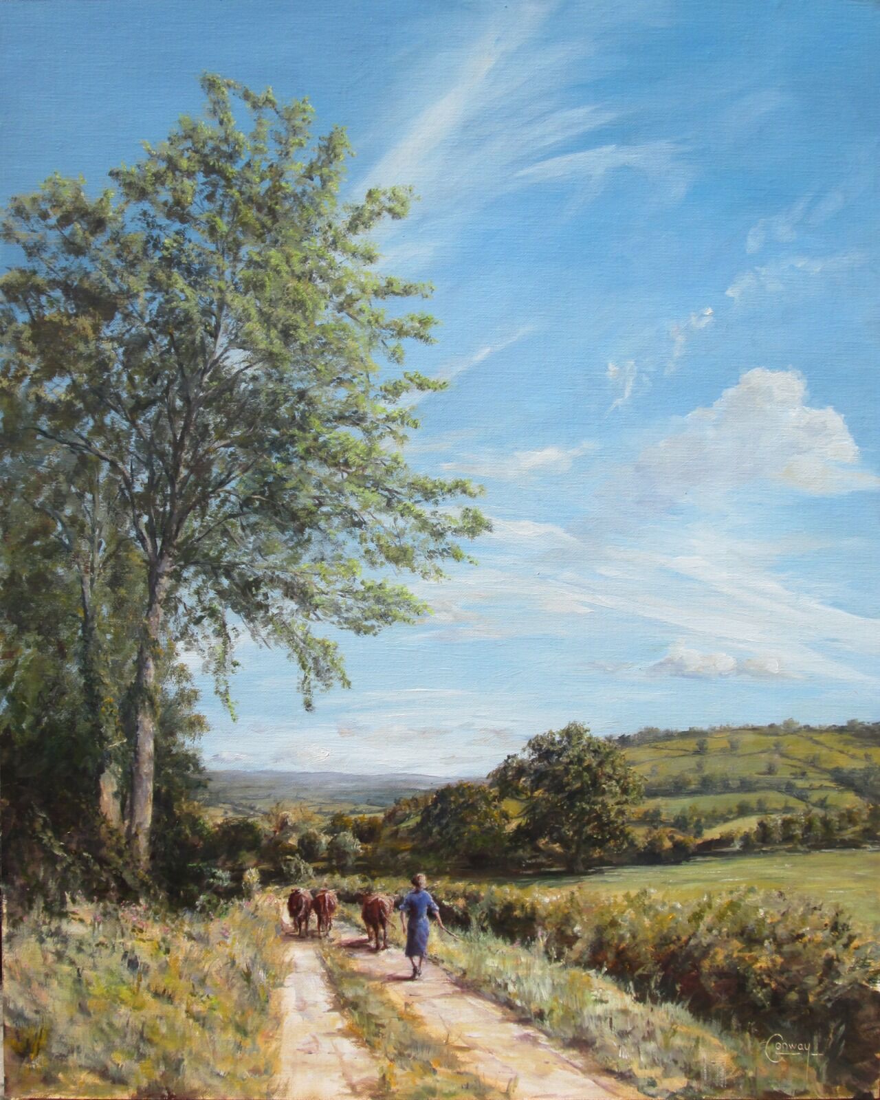 Painting of a female famer driving cattle down a country lane in Talley, Carmarthenshire.