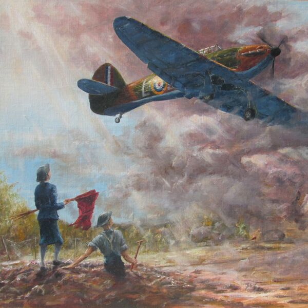 'Red Flags for UXBs' - WAAF Sgt. Joan Elizabeth Mortimer and F/Sgt. Joe Hunt watch Hurricane of P/O.Boleslaw Andrzej Wlasnowolski, No. 32 Squadron Landing Hurricane of 32 Squadron Landing