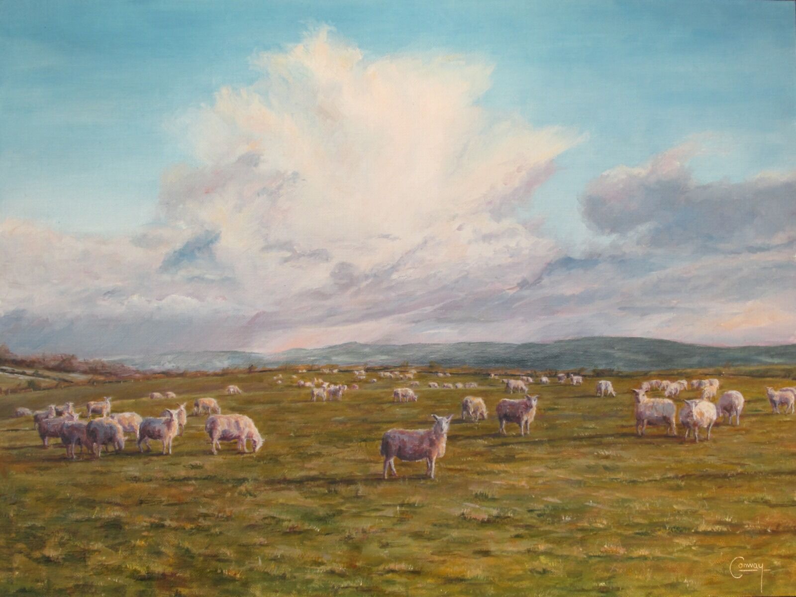 Painting of a sheep on a hilltop.