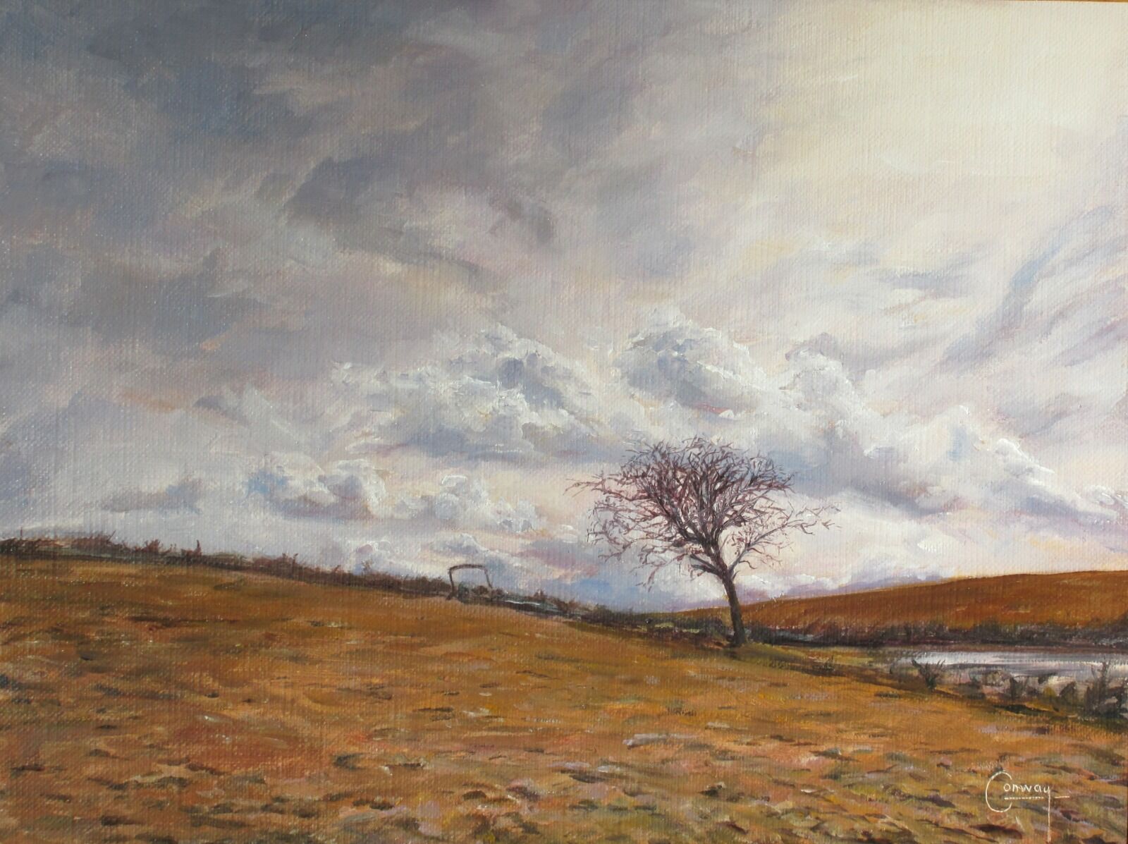 Painting of a thorn tree and abandoned farm machine on a hill top.