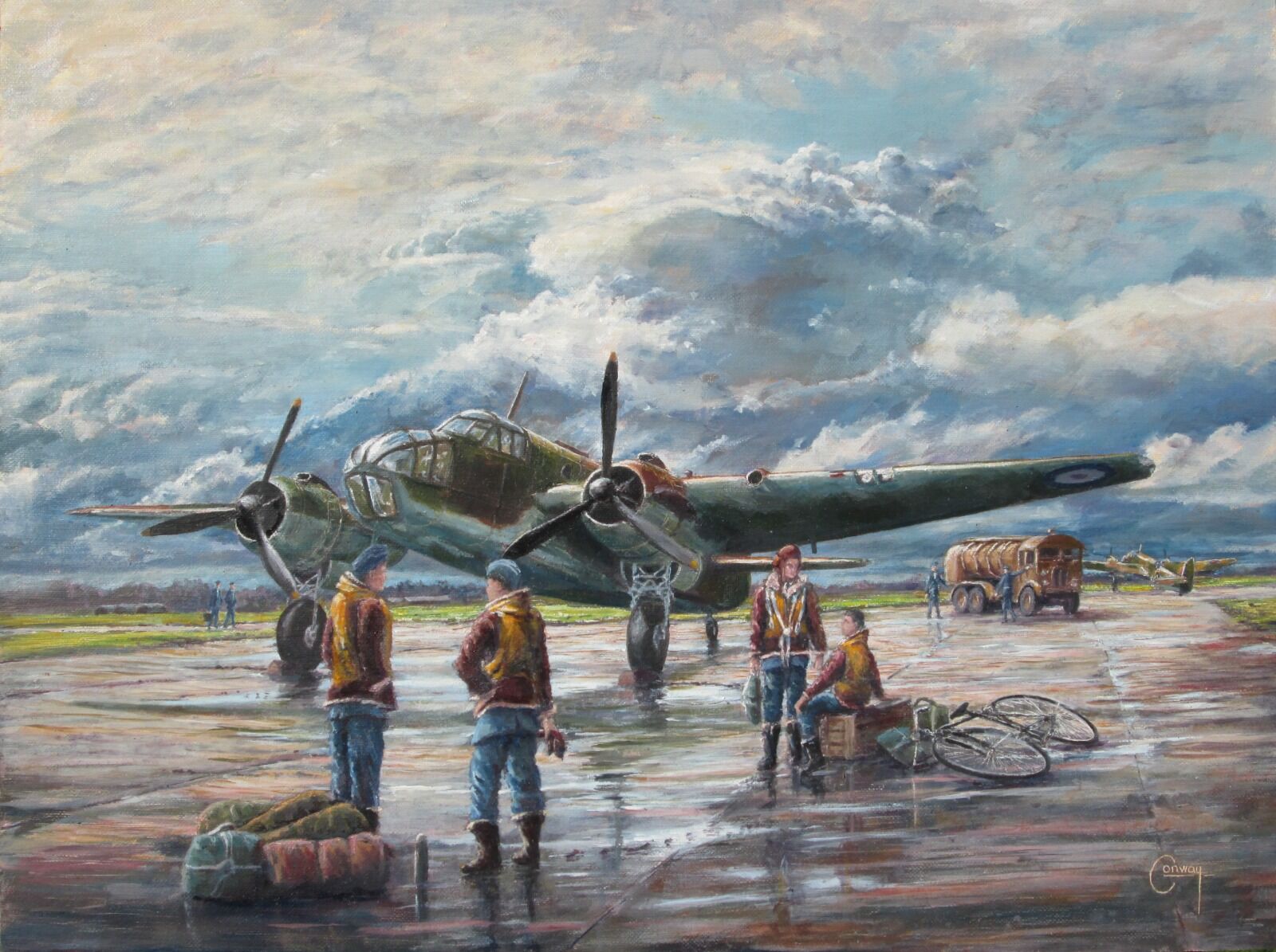 Painting of Bristol Beaufort AW288 with crew preparing for flight at Portreath Airfield.