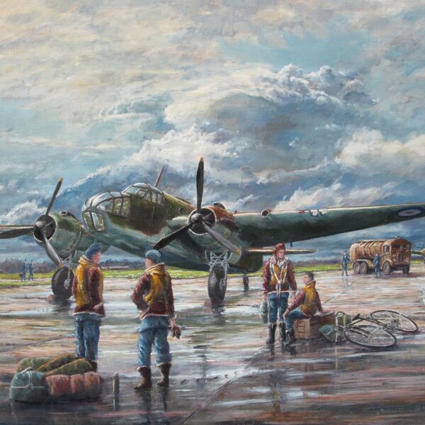 Painting of Bristol Beaufort AW288 with crew preparing for flight at Portreath Airfield