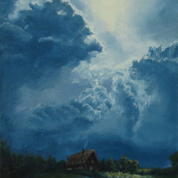 'The Manor Cottage' - Astleham Manor Cottage, Buckinghamshire. £179 (+p&p) Painting of a cottage under a stormy looking sky.