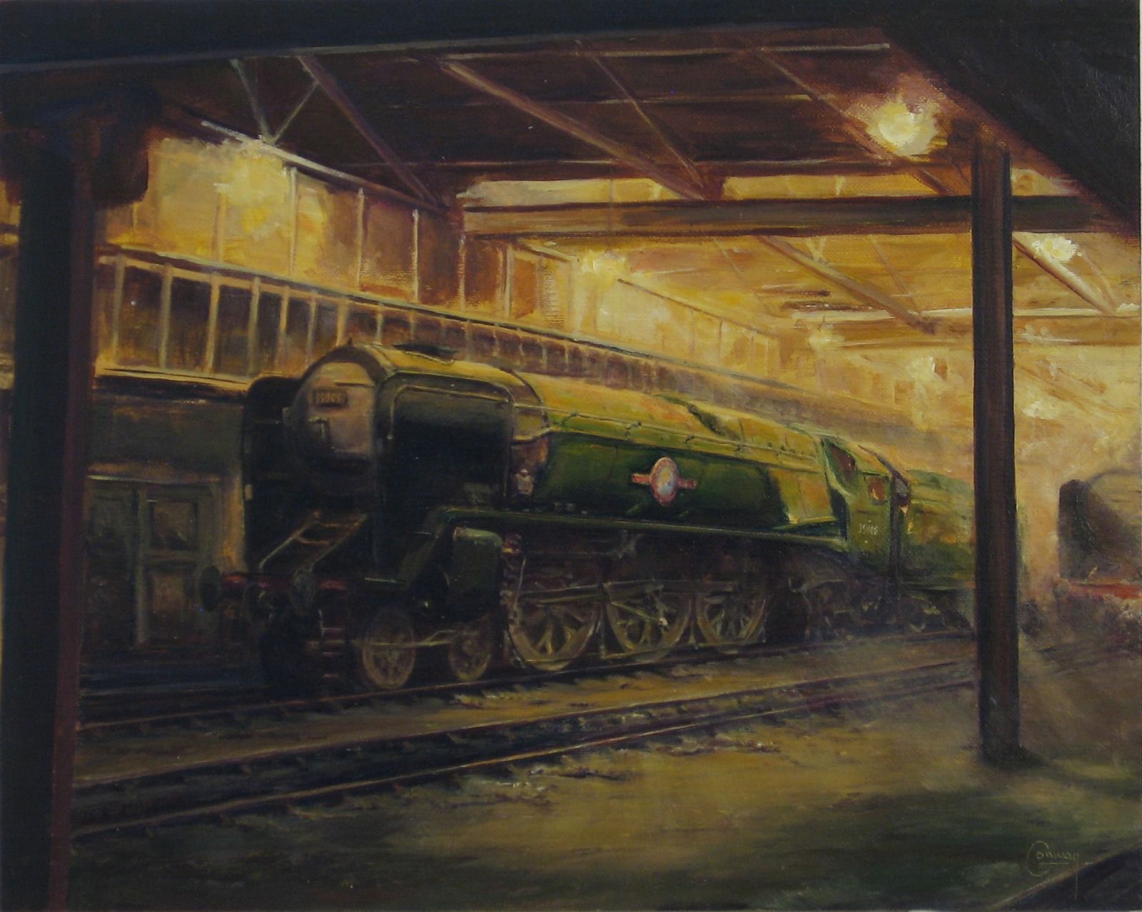 Painting of Merchant Navy Class locomotive inside dark engine shed.