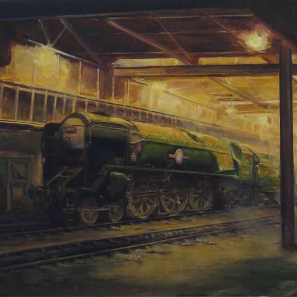 ‘A Friendly Port’ - Rebuilt SR Merchant Navy Class, 35005 ‘Canadian Pacific’at Nine Elms. £257 (+p&p) Painting of Merchant Navy Class locomotive inside dark engine shed.