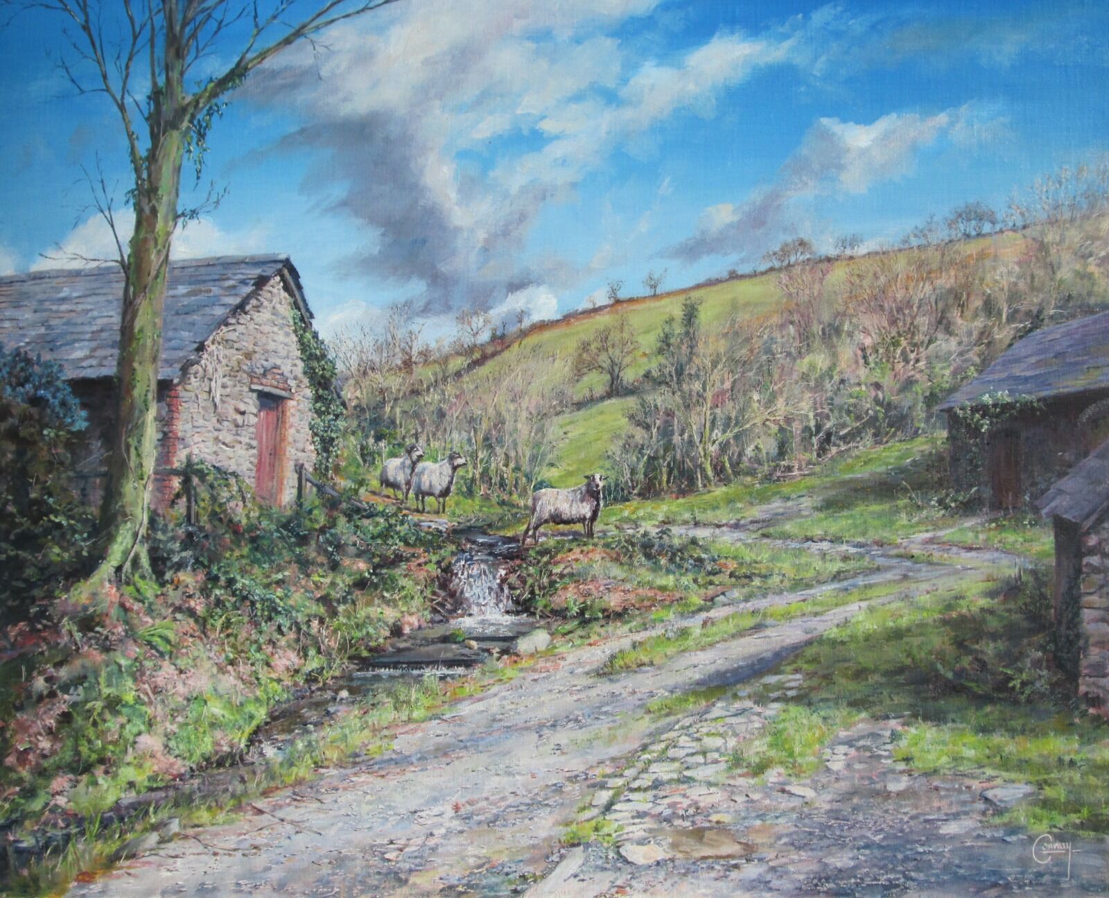 Painting of sheep crossing a stream by a waterfall and an old barn.