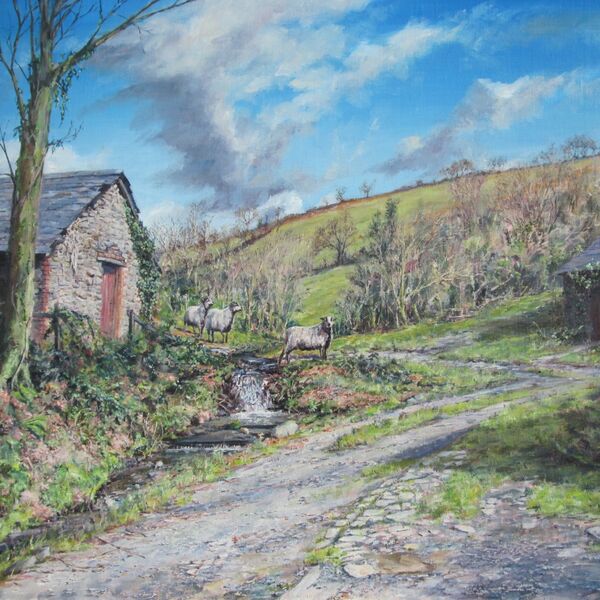 'Crossing the Stream' - Talley, Carmarthenshire. £800 (+p&p) Painting of sheep crossing a stream by a waterfall and an old barn.
