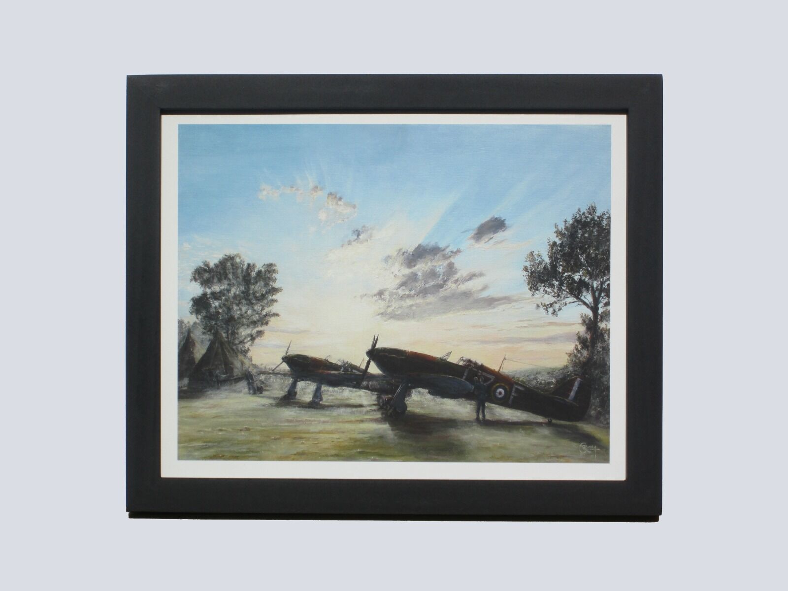 Painting of Hurricane's of 32 Squadron with groundcrew around them in the mist at sunrise at Biggin Hill.