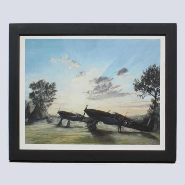 Painting of Hurricane's of 32 Squadron with groundcrew around them in the mist at sunrise at Biggin Hill.
