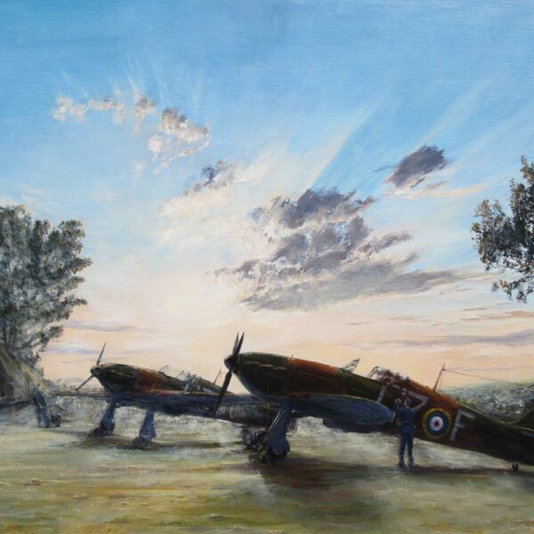 Painting of Hurricane's of 32 Squadron with groundcrew around them in the  mist at sunrise at Biggin Hill.