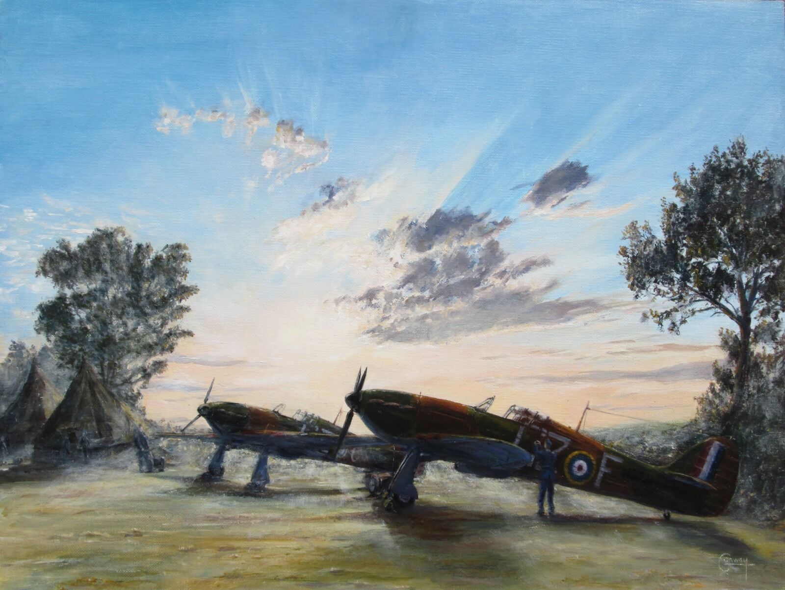 Painting of Hurricane's of 32 Squadron with groundcrew around them in the  mist at sunrise at Biggin Hill.