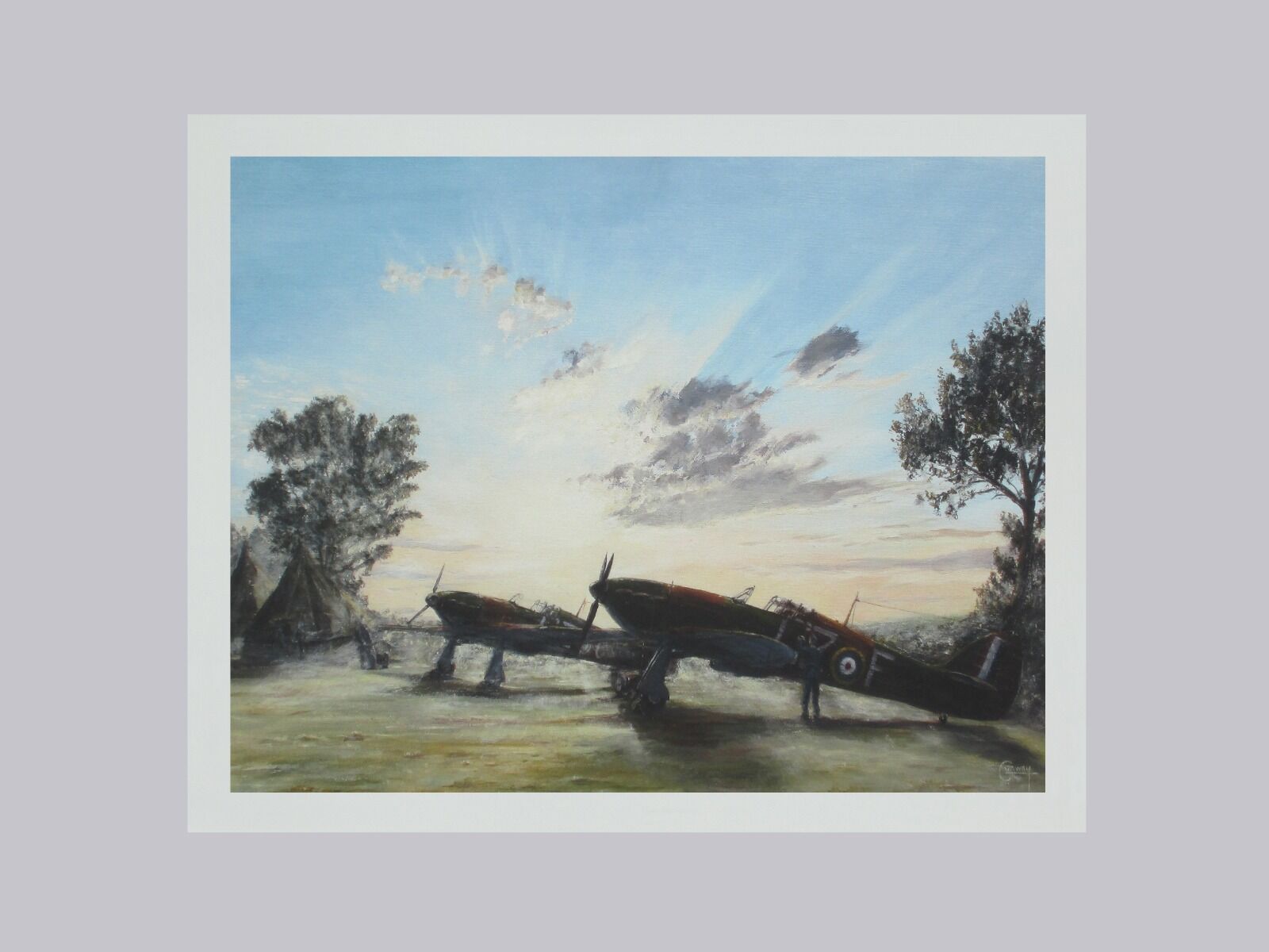 Painting of Hurricane's of 32 Squadron with groundcrew around them in the mist at sunrise at Biggin Hill.