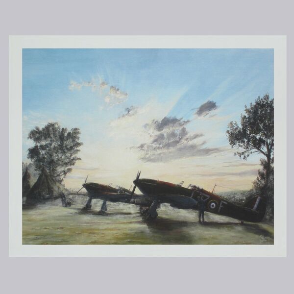 Painting of Hurricane's of 32 Squadron with groundcrew around them in the mist at sunrise at Biggin Hill.
