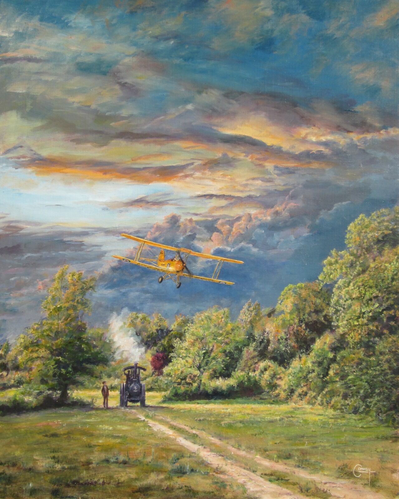 Painting of a Tiger Moth aircraft flying low over an Aveling and Porter Traction engine at sunset in a field with trees in background.