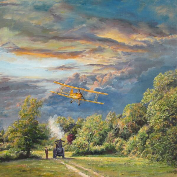 Painting of a Tiger Moth aircraft flying low over an Aveling and Porter Traction engine at sunset in a field with trees in background.