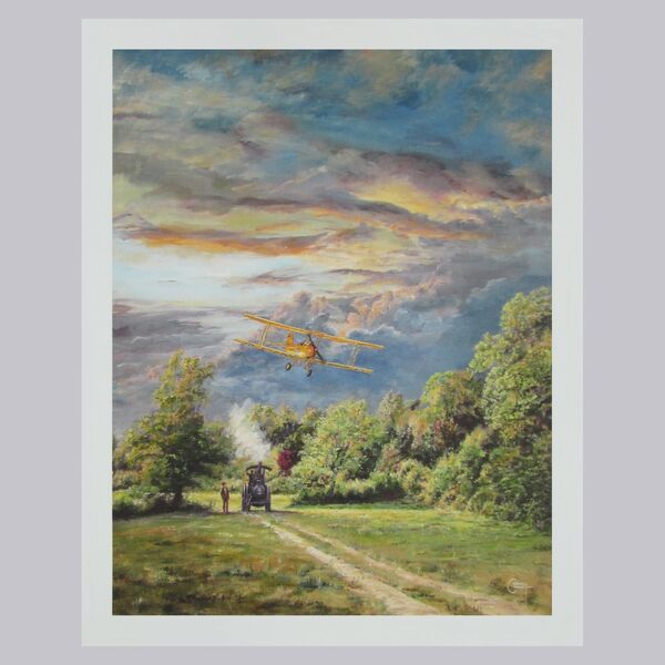 Painting of a Tiger Moth aircraft flying low over an Aveling and Porter Traction engine at sunset in a field with trees in background.