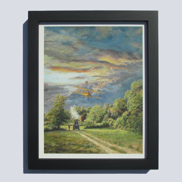 Painting of a Tiger Moth aircraft flying low over an Aveling and Porter Traction engine at sunset in a field with trees in background.