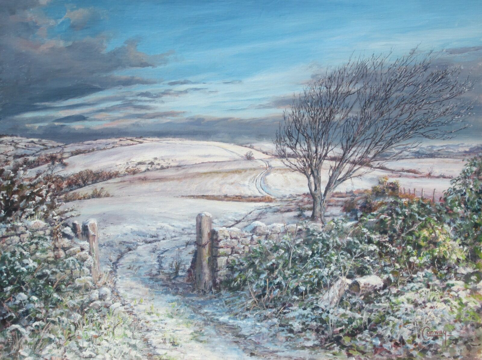 Painting of a snowy scene through a gate on to moorland.