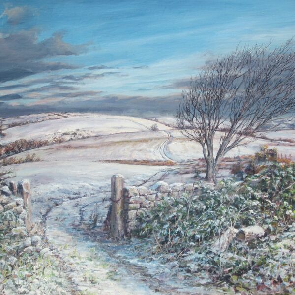 Painting of a snowy scene through a gate on to moorland.