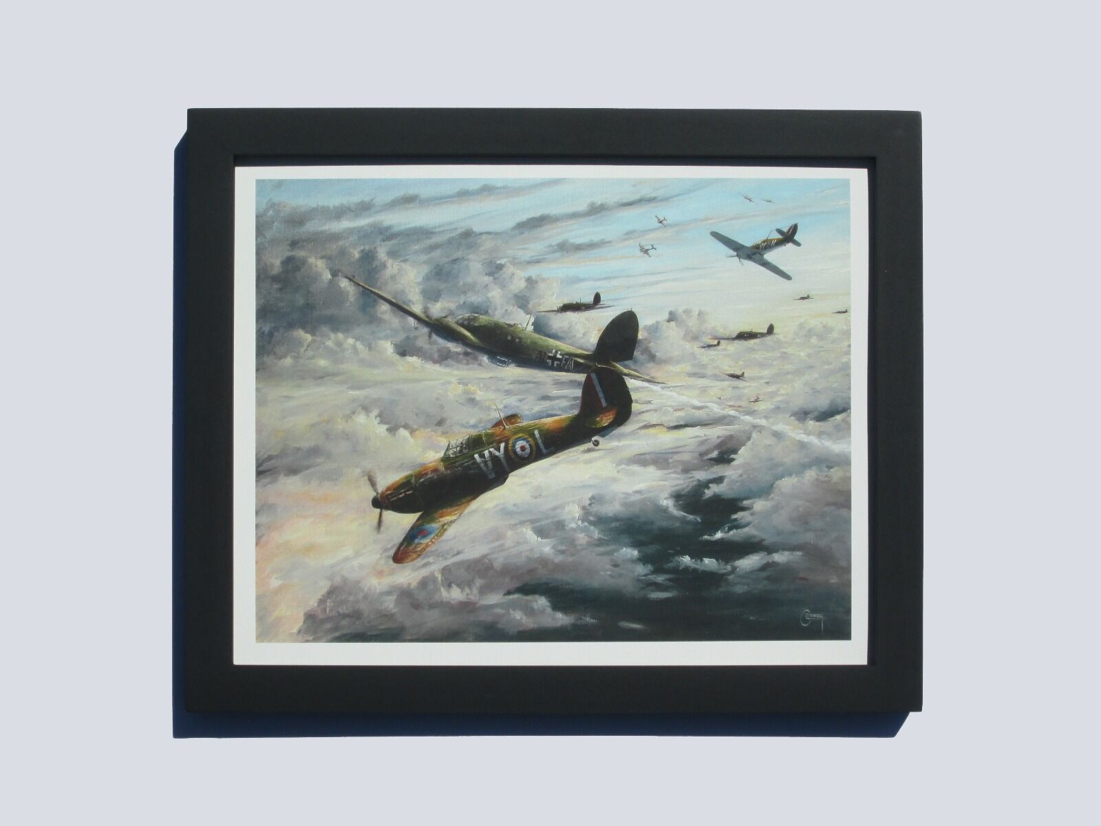 Painting of H. R. Hamilton' s Hurricane in aerial combat with a He111 Bomber above clouds.
