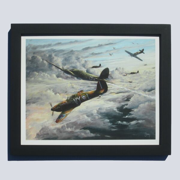 Painting of H. R. Hamilton' s Hurricane in aerial combat with a He111 Bomber above clouds.