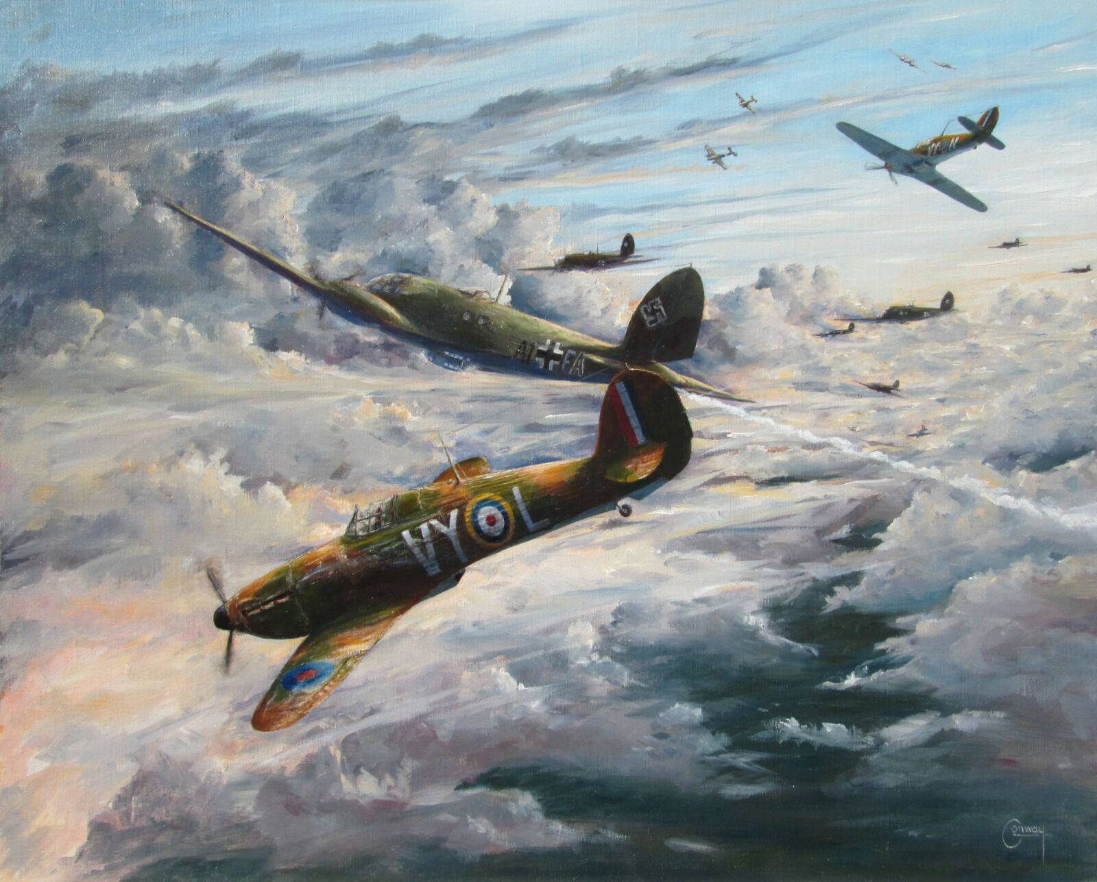 Painting of H. R. Hamilton' s Hurricane in aerial combat with a He111 Bomber above clouds.