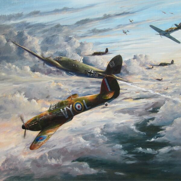 Painting of H. R. Hamilton' s Hurricane in aerial combat with a He111 Bomber above clouds.