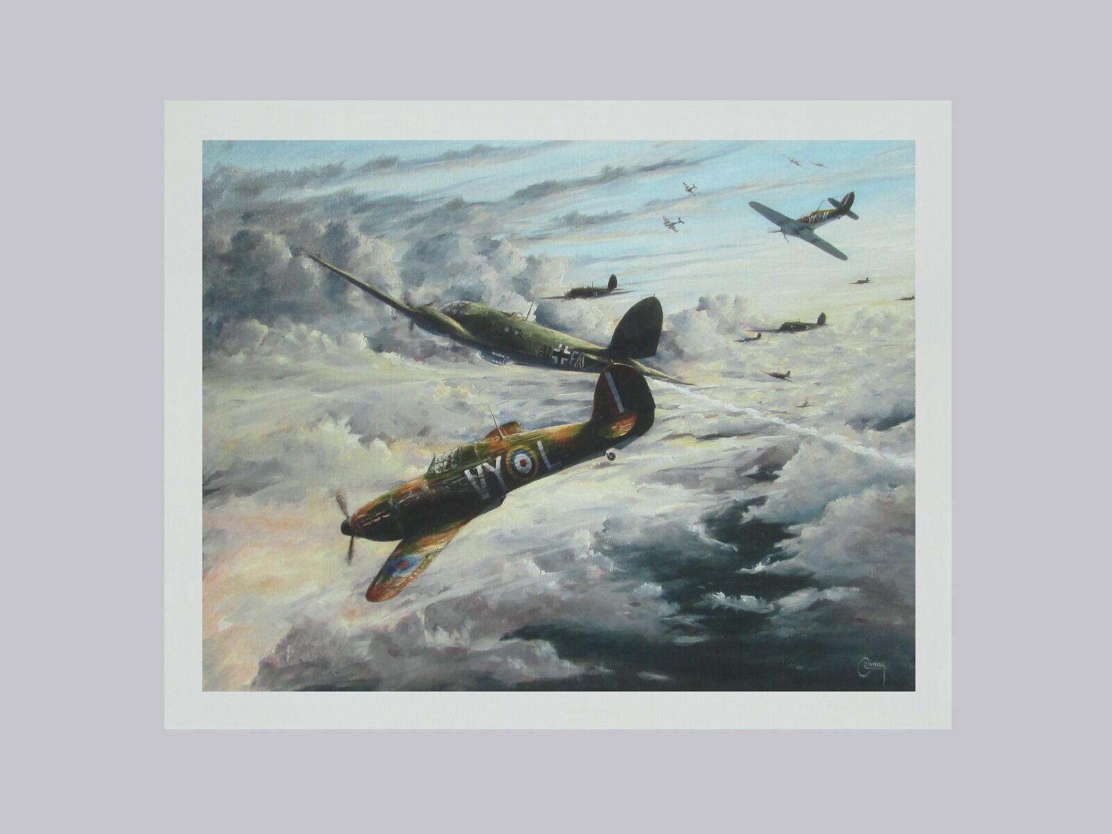Painting of H. R. Hamilton' s Hurricane in aerial combat with a He111 Bomber above clouds.