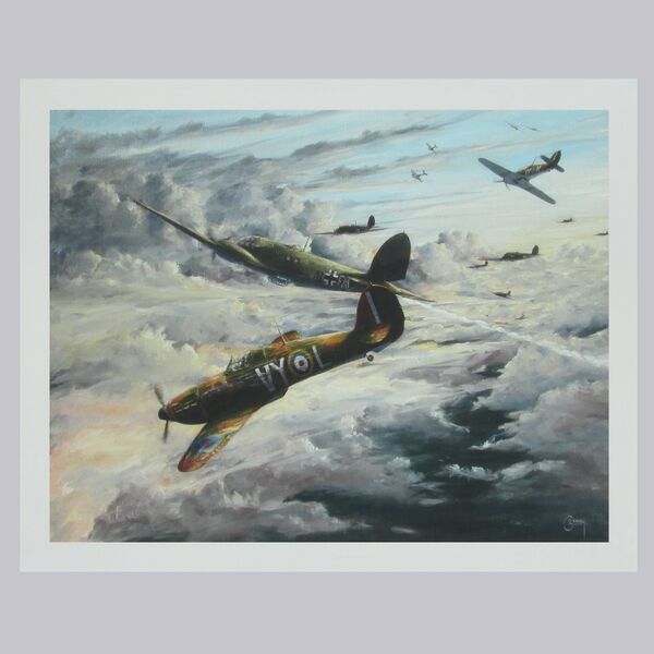 Painting of H. R. Hamilton' s Hurricane in aerial combat with a He111 Bomber above clouds.