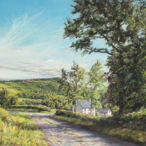 ‘Farmhouse, Late Afternoon’ - Talley, Carmarthenshire - - Small (10" x 8" sheet) Framed Open Edition Print £30.00 +(p&p) Painting of white Welsh farmhouse and a large oak tree, with sky and hills beyond.