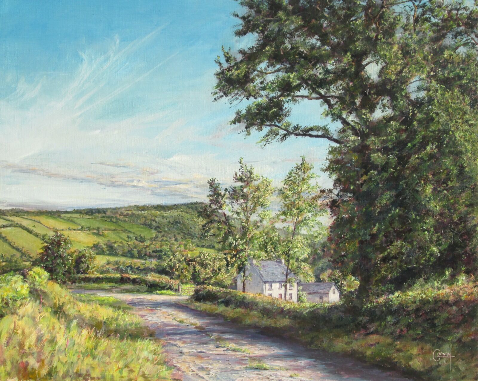Painting of white Welsh farmhouse and a large oak tree, with sky and hills beyond.