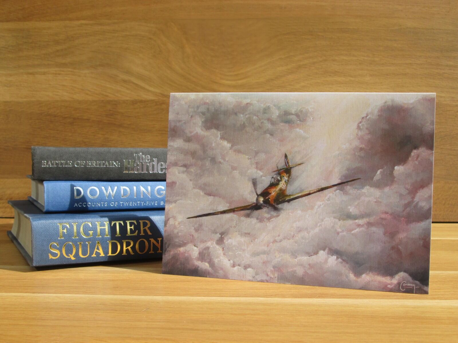 Painting of Spitfire flying through cloud and sunlight.
