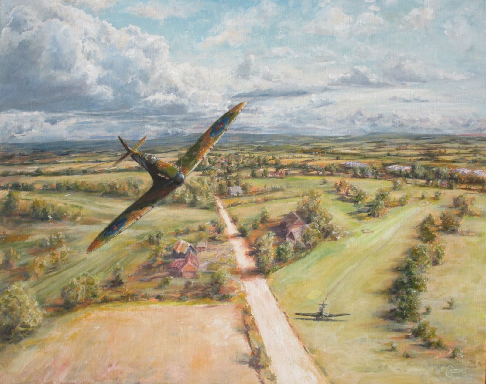 painting with spitfire flying over angmering and ham manor golf course