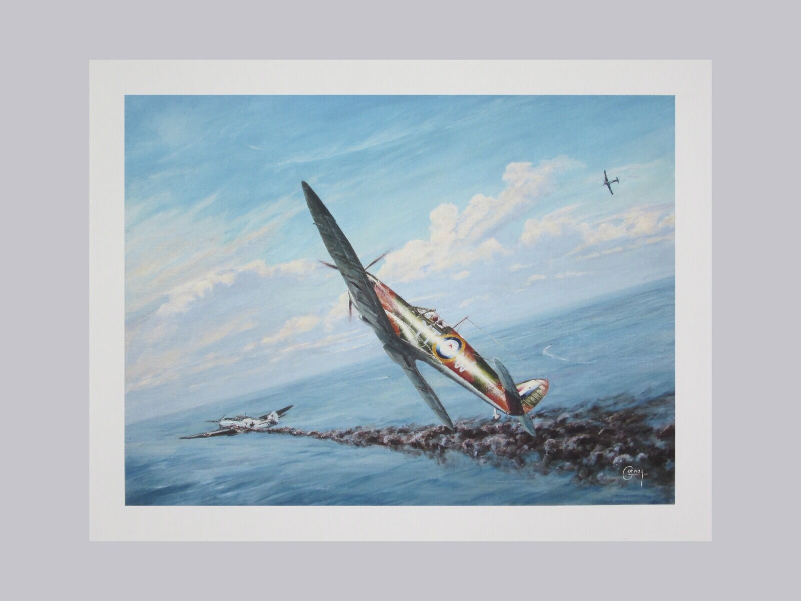 Painting with Paddy Finucane's Spitfire banking during dogfight over sea