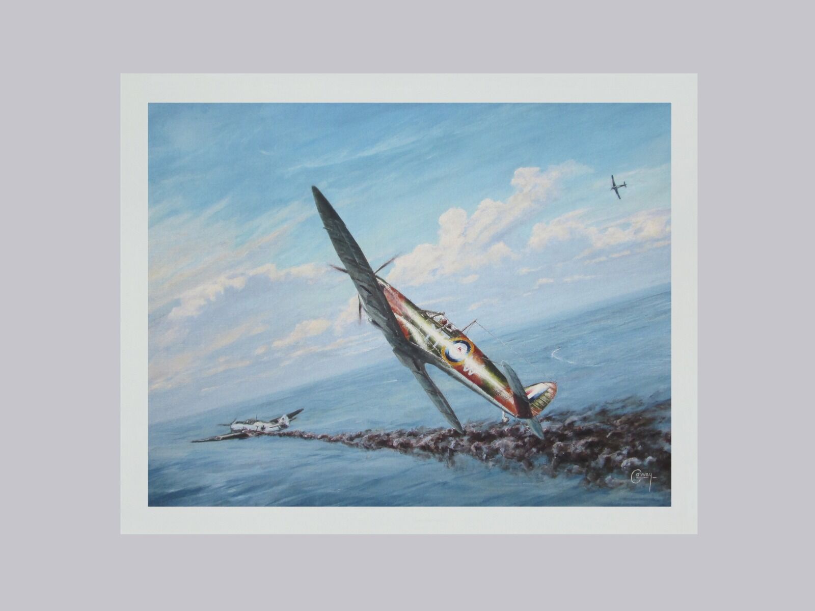 Painting of Paddy Finucane's Spitfire chasing a damaged Me 109 over the sea