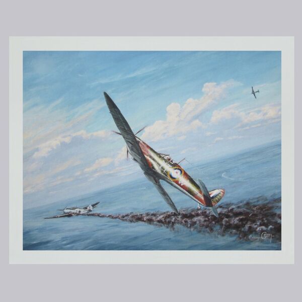 Painting of Paddy Finucane's Spitfire chasing a damaged Me 109 over the sea