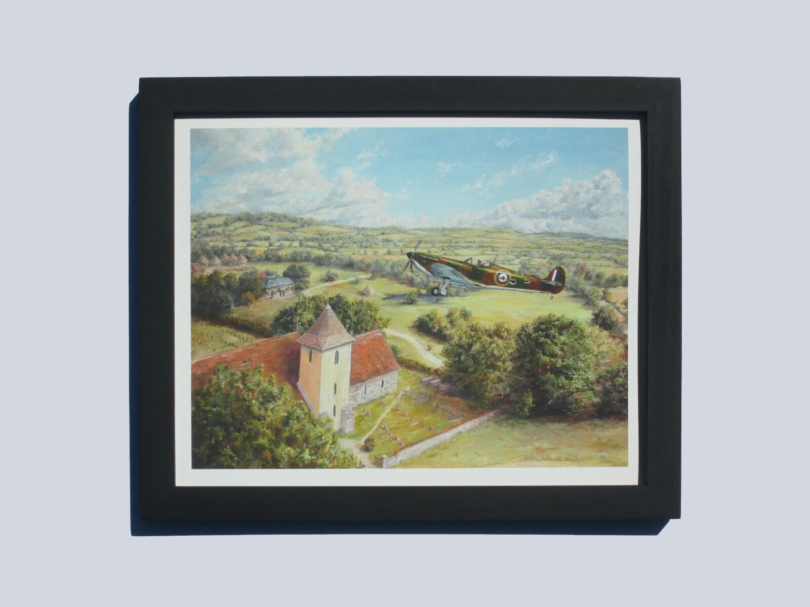 Painting of J. D. Urie's damaged Spitfire, X4110, flying low over Westhampnett church.