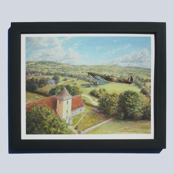 Painting of J. D. Urie's damaged Spitfire, X4110, flying low over Westhampnett church.