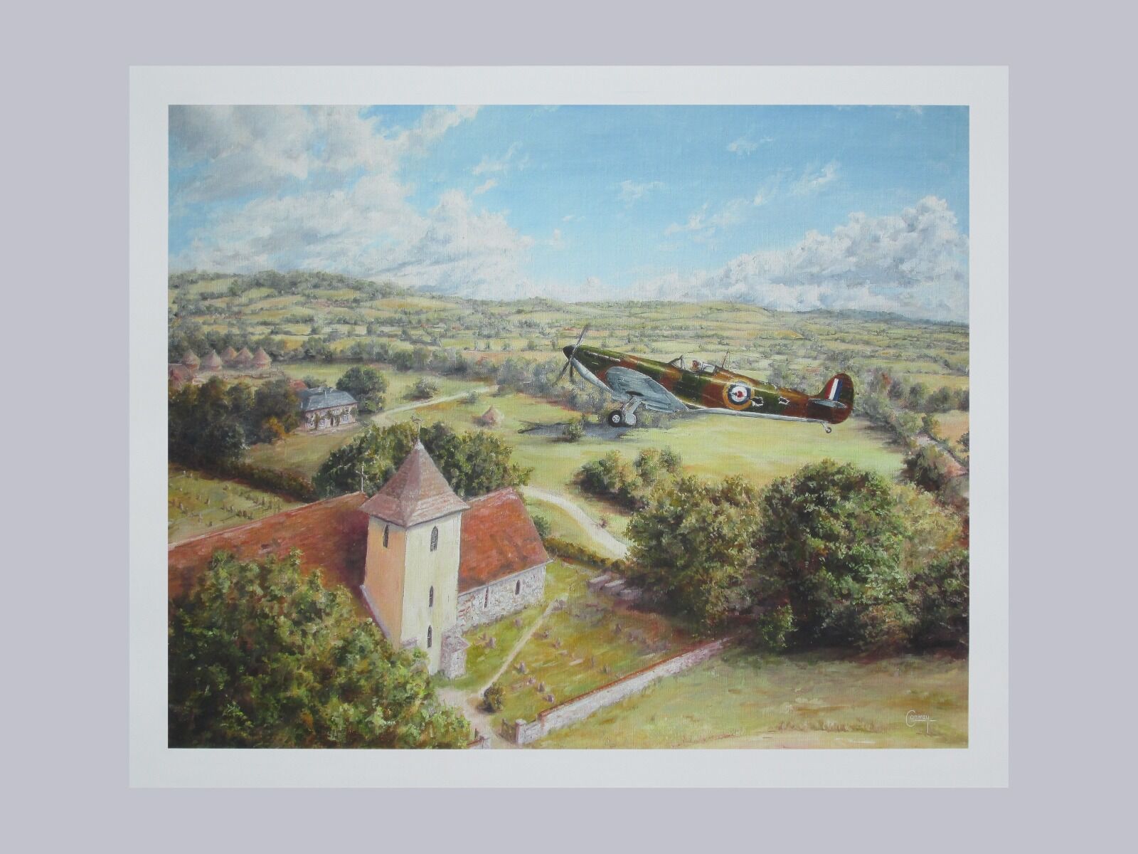 Painting of J. D. Urie's damaged Spitfire, X4110, flying low over Westhampnett church.