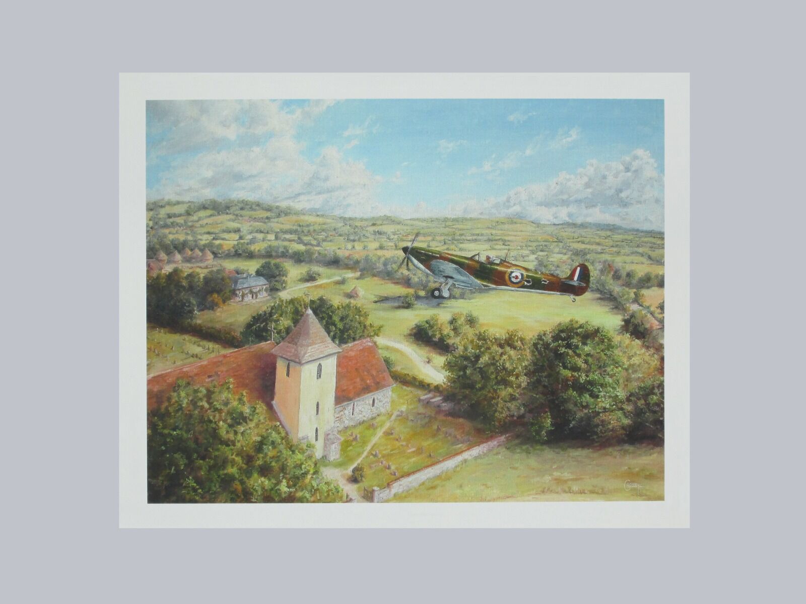 Painting of J. D. Urie's damaged Spitfire, X4110, flying low over Westhampnett church.
