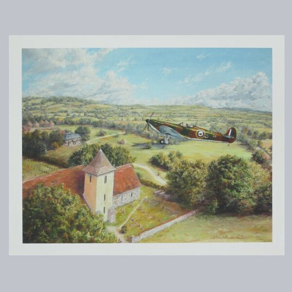 Painting of J. D. Urie's damaged Spitfire, X4110, flying low over Westhampnett church.