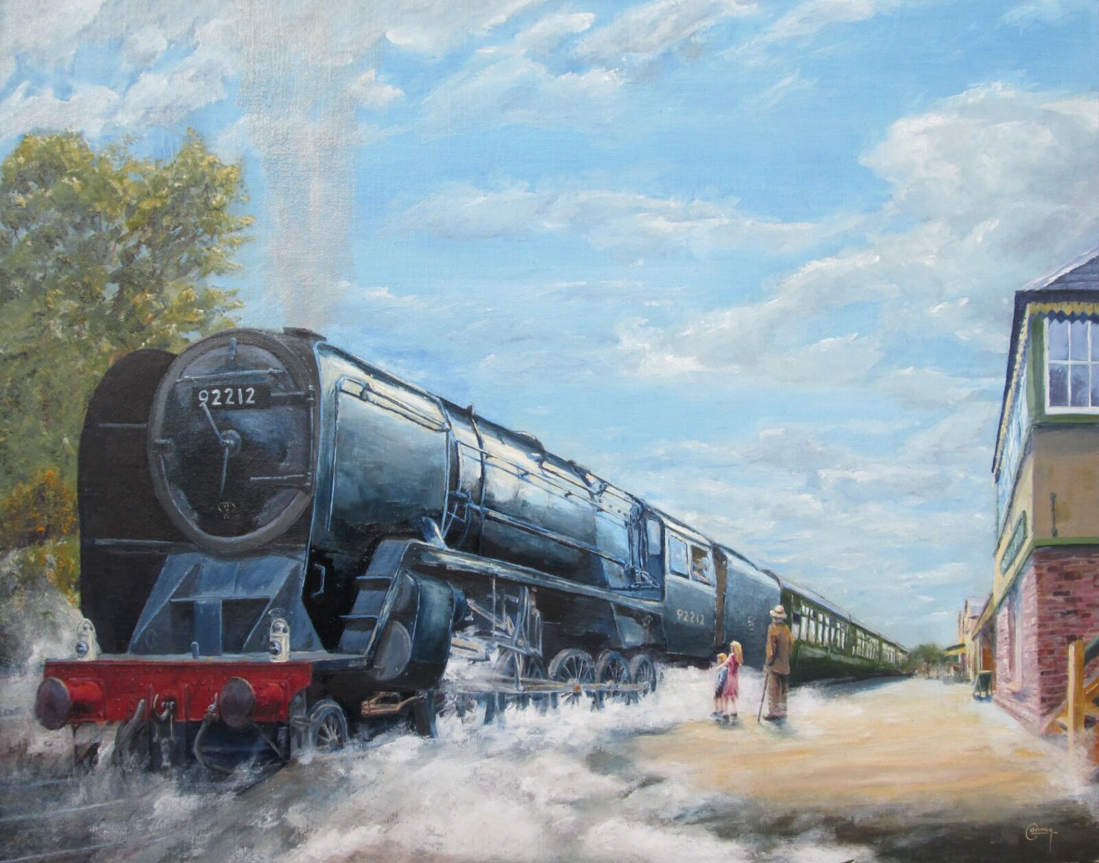 Painting of a BR 9F loco being admired by a grandfather and grandchildren