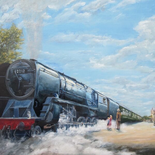 'Grandad and the Nine-eff' -BR Standard Class 9F 92212, at Alresford. - Small (10" x 8" sheet) Framed Open Edition Print £30.00 +(p&p) Painting of a BR 9F loco being admired by a grandfather and grandchildren