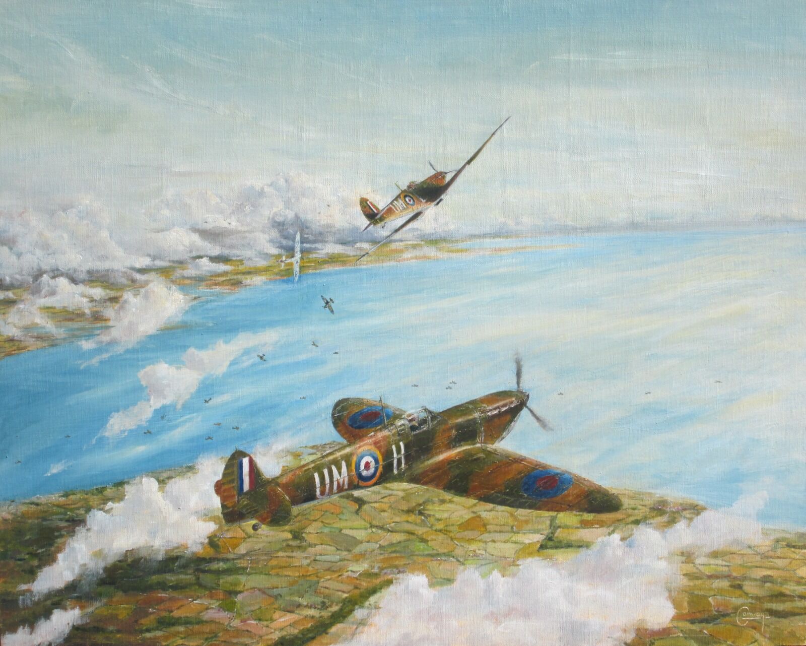 Spitfires led by D. Boitel-Gill dive to attack German Stuka aircraft over the Isle of Wight.