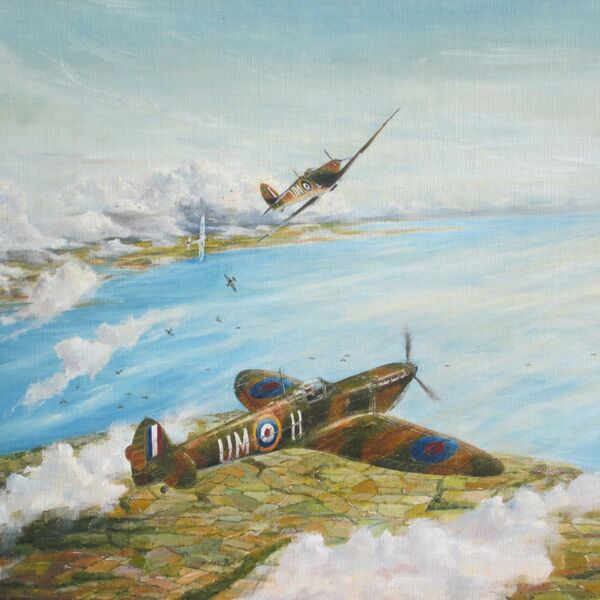 Spitfires led by D. Boitel-Gill dive to attack German Stuka aircraft over the Isle of Wight.