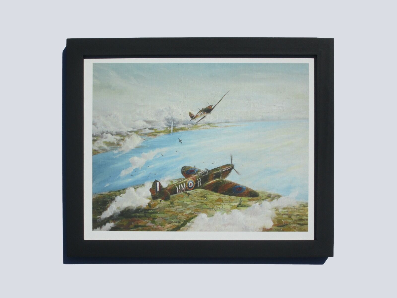 Spitfires led by D. Boitel-Gill dive to attack German Stuka aircraft over the Isle of Wight.