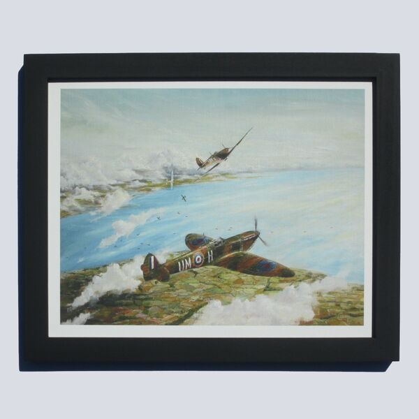 Spitfires led by D. Boitel-Gill dive to attack German Stuka aircraft over the Isle of Wight.