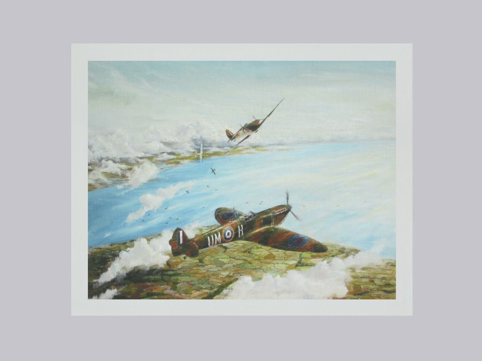 Spitfires led by D. Boitel-Gill dive to attack German Stuka aircraft over the Isle of Wight.